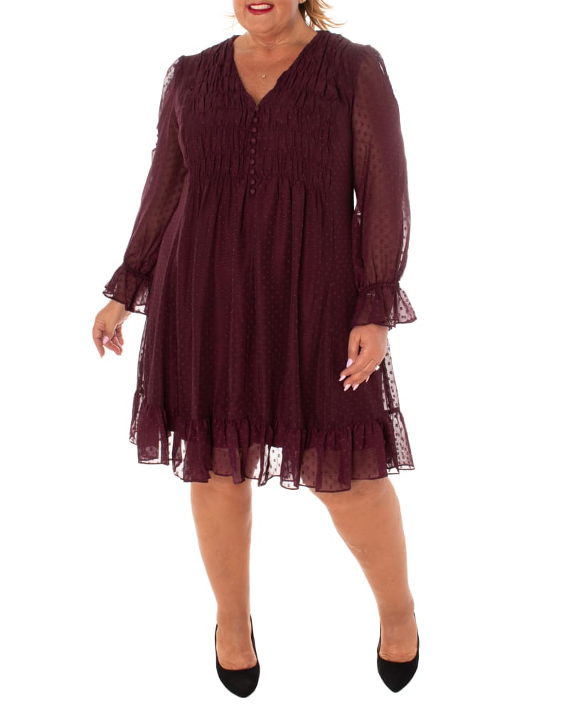Front of a model wearing a size 20 CLIP DOT CHIFFON FULLY LINED DRESS W/SMOCKING in PORT WINE by Taylor Dress. | dia_product_style_image_id:318647